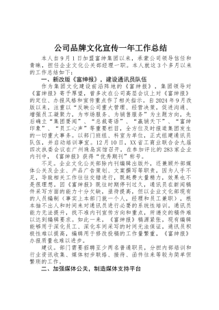 公司品牌文化宣传一年工作总结