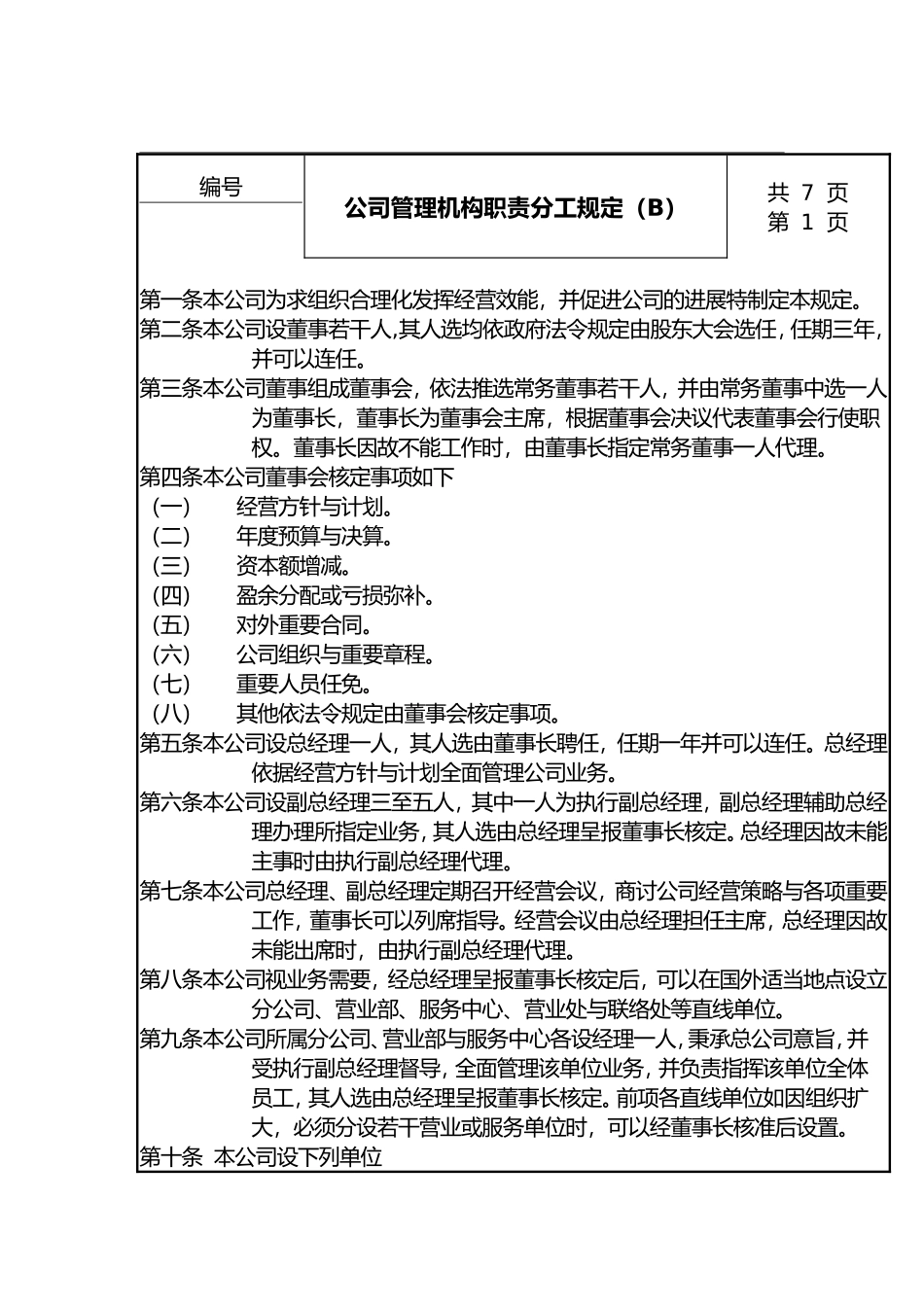 公司管理机构职责分工规定(B)_第1页