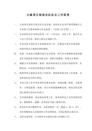 公寓项目部保安队队长工作职责说明