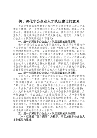 关于深化非公企业人才队伍建设的意见