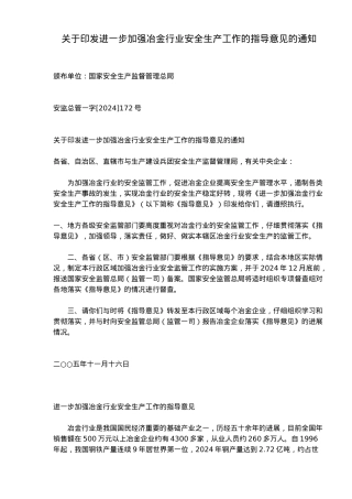 冶金行业安全生产工作指导意见