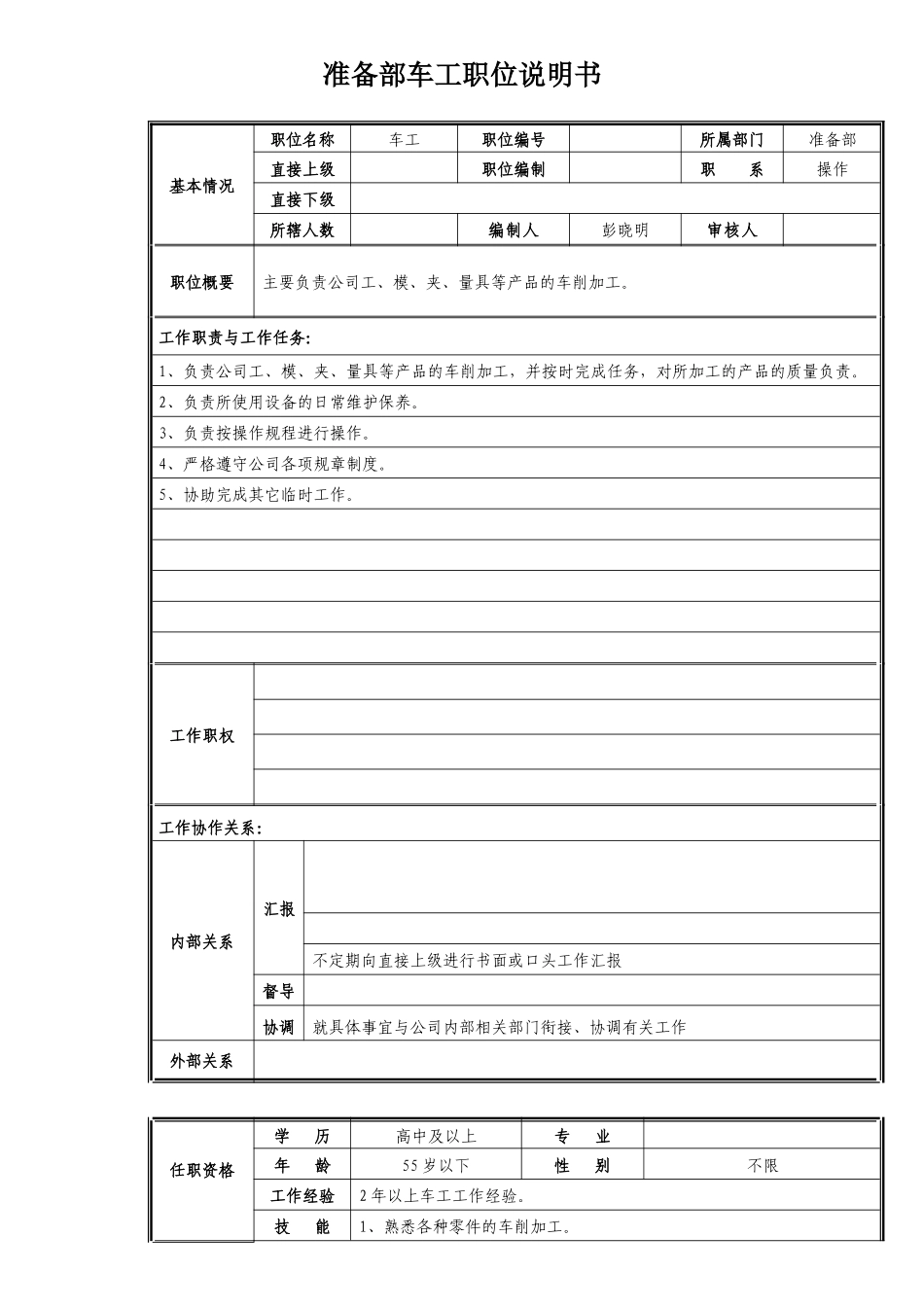 准备部车工职位说明书_第1页