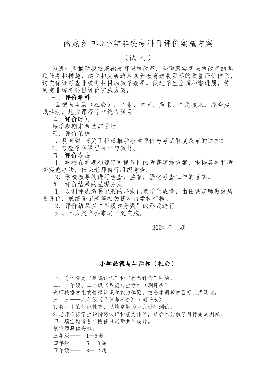 凼底乡中心小学非统考科目评价实施计划方案_第1页