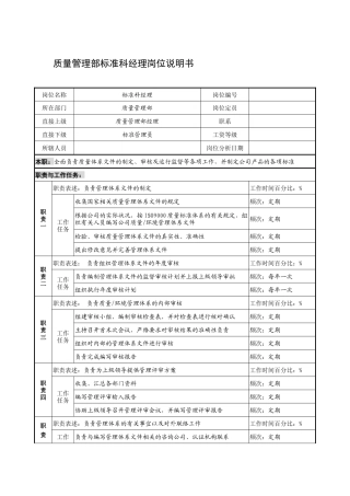 制鞋企业质量管理部标准科经理岗位说明书