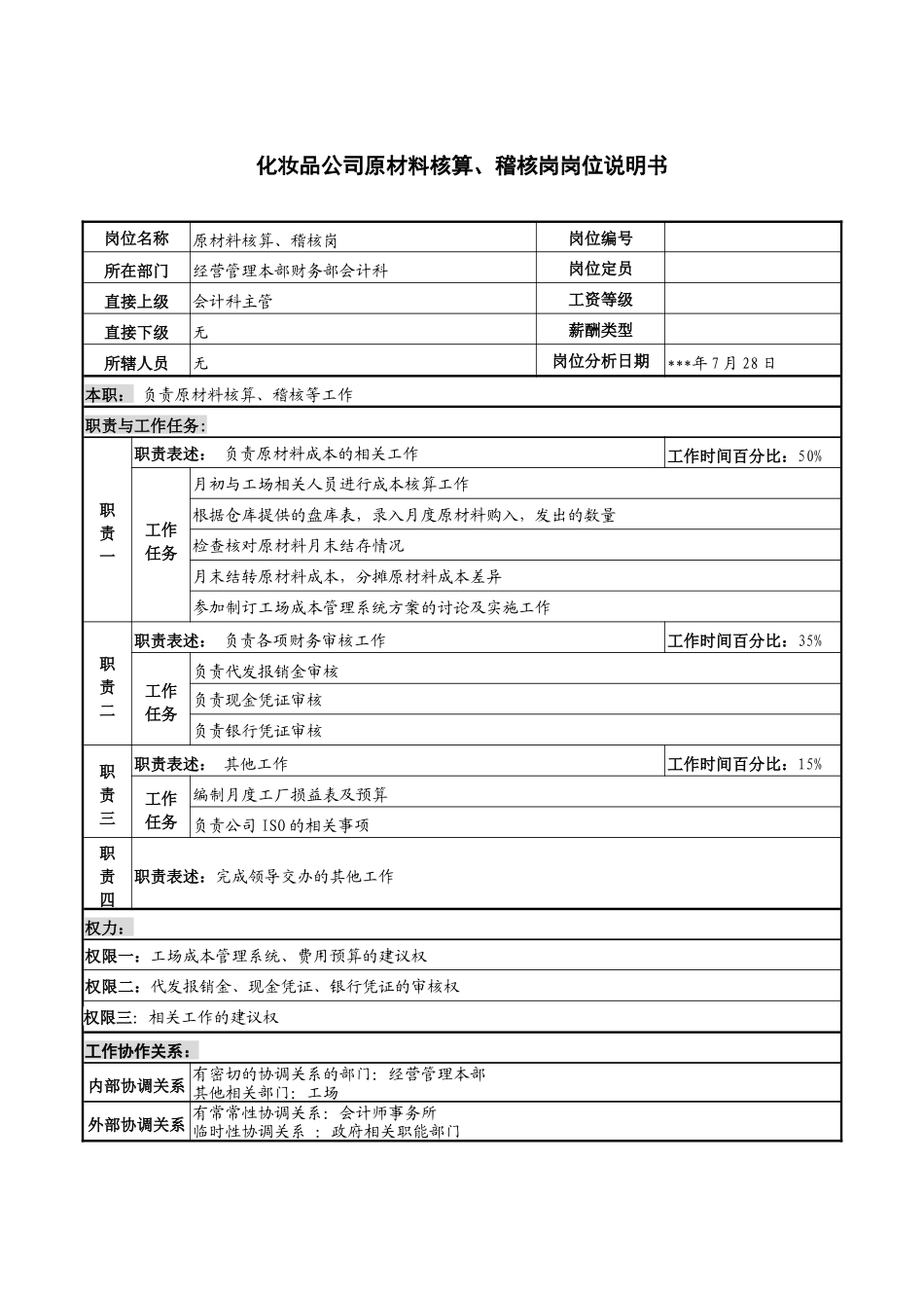 化妆品公司原材料核算、稽核岗岗位说明书_第1页
