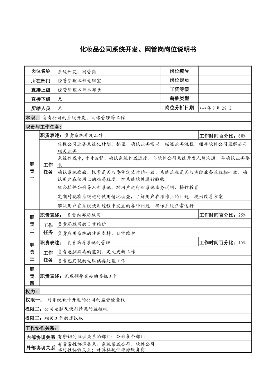 化妆品公司系统开发、网管岗岗位说明书_第1页