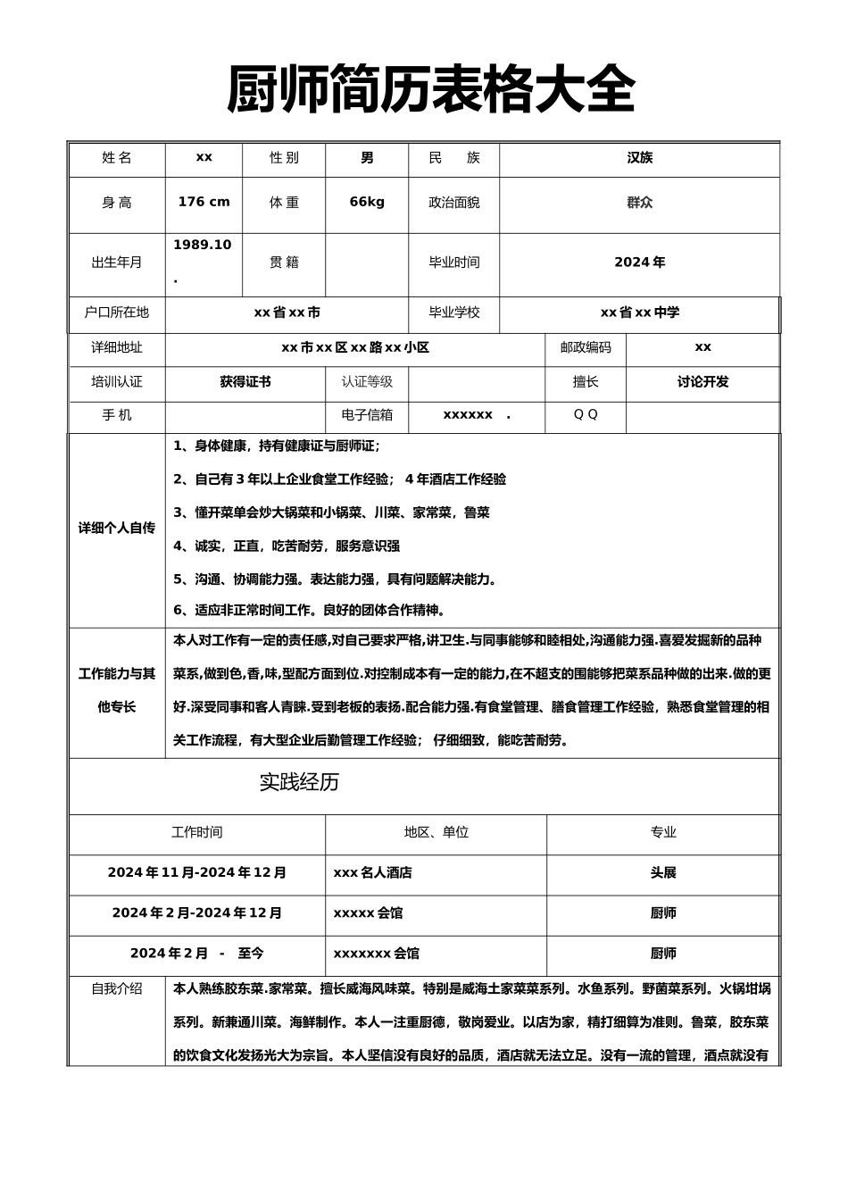 厨师简历表格大全_第1页