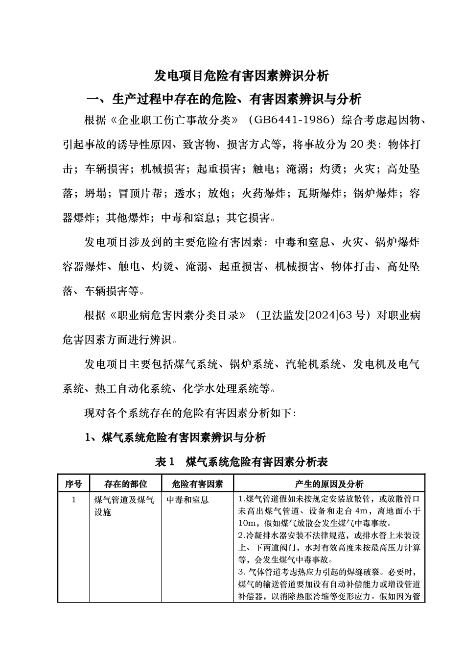发电项目危险有害因素辨识分析报告_第1页