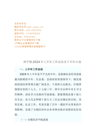 和平镇上半年工作总结与下半年计划