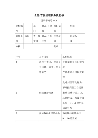 商场超市食品百货经理职务说明书