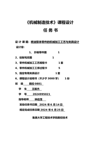 喷油泵体零件的机械加工工艺与夹具设计说明