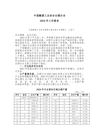 国酿酒工业协会白酒分会年度工作报告