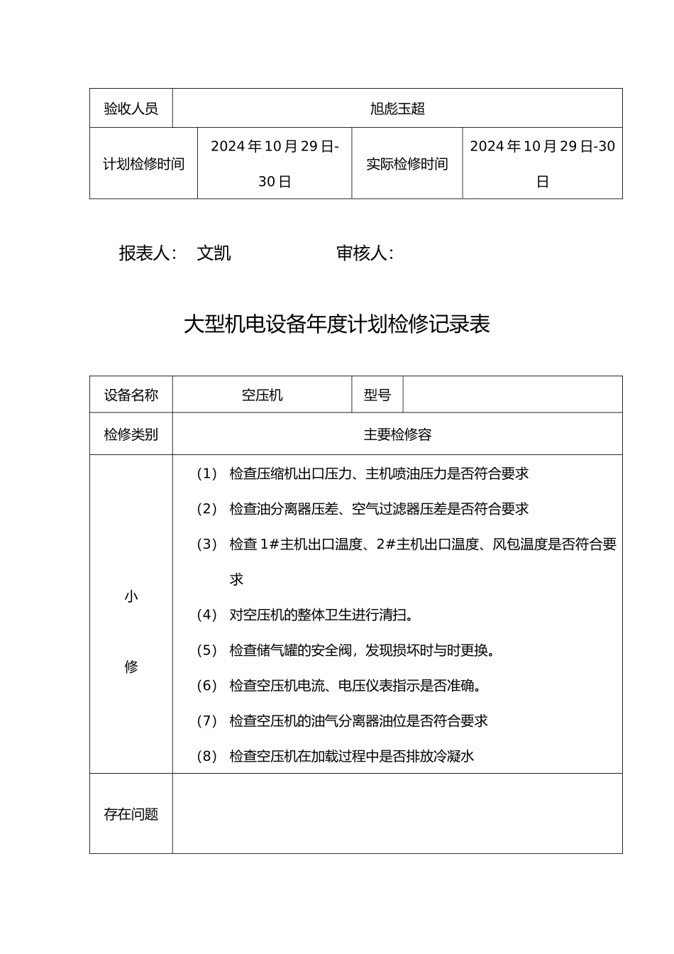 大型机电设备年度计划检修记录表_第2页