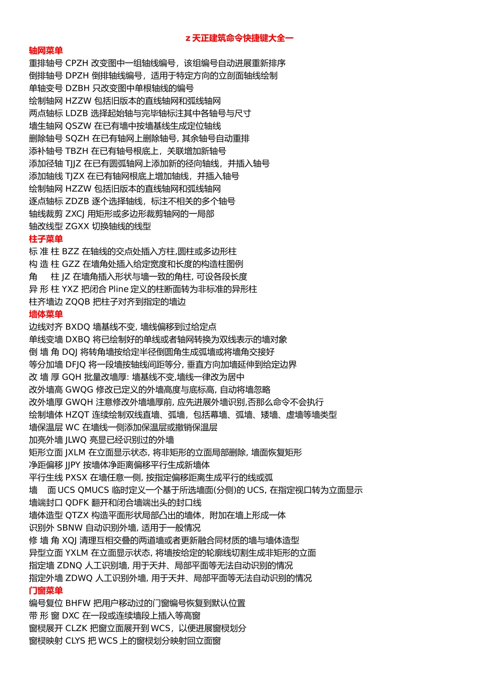 天正建筑命令快捷键大全(完整版)_第1页