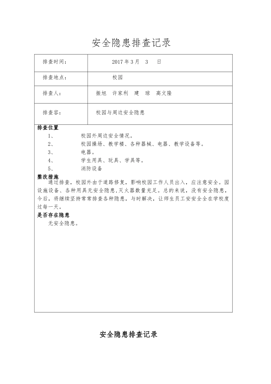 学校安全隐患排查记录文本_第1页
