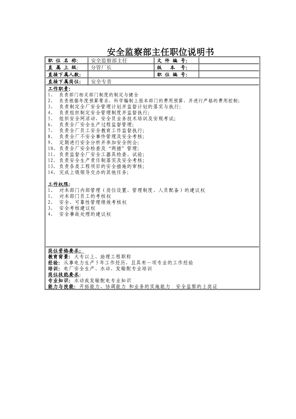 安监部岗位说明书_第1页