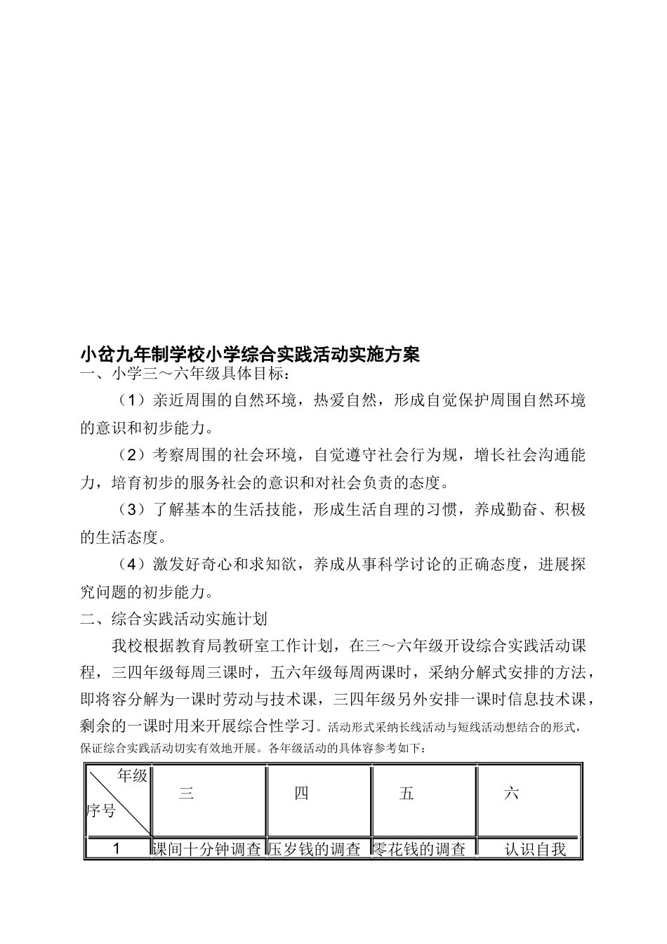 小学综合实践活动实施计划方案_第1页