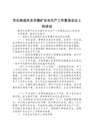 市长徐进在全市煤矿安全生产工作紧急会议上的讲话
