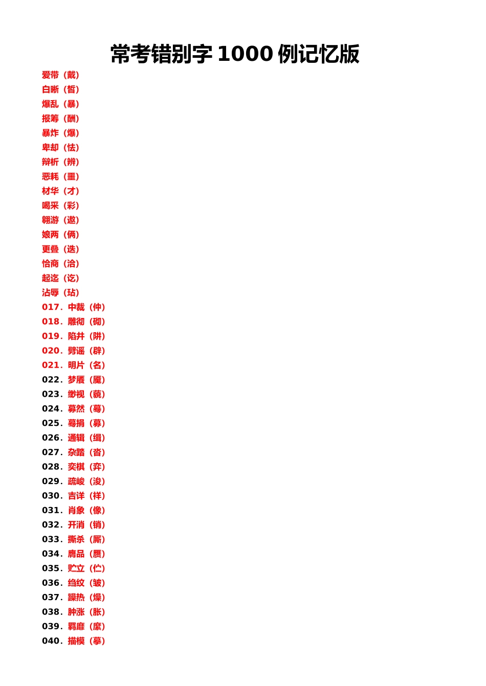 常考错别字1000例记忆版_第1页