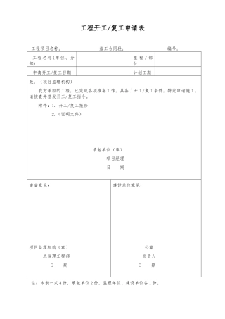 建筑工程开工报告、开工复工申请表