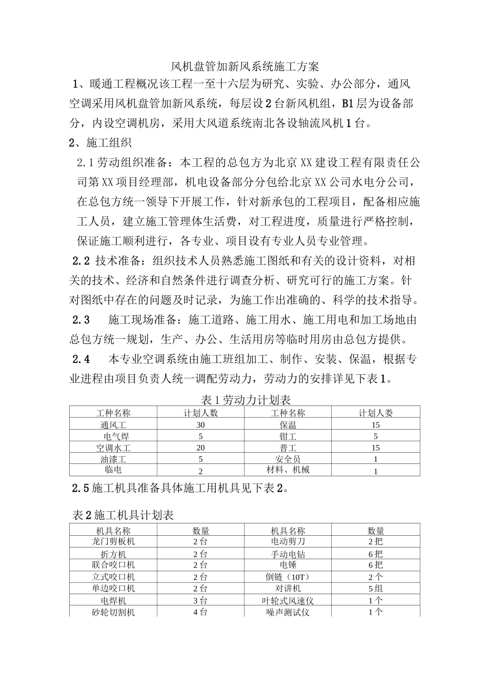 风机盘管加新风系统施工方案计划_第1页