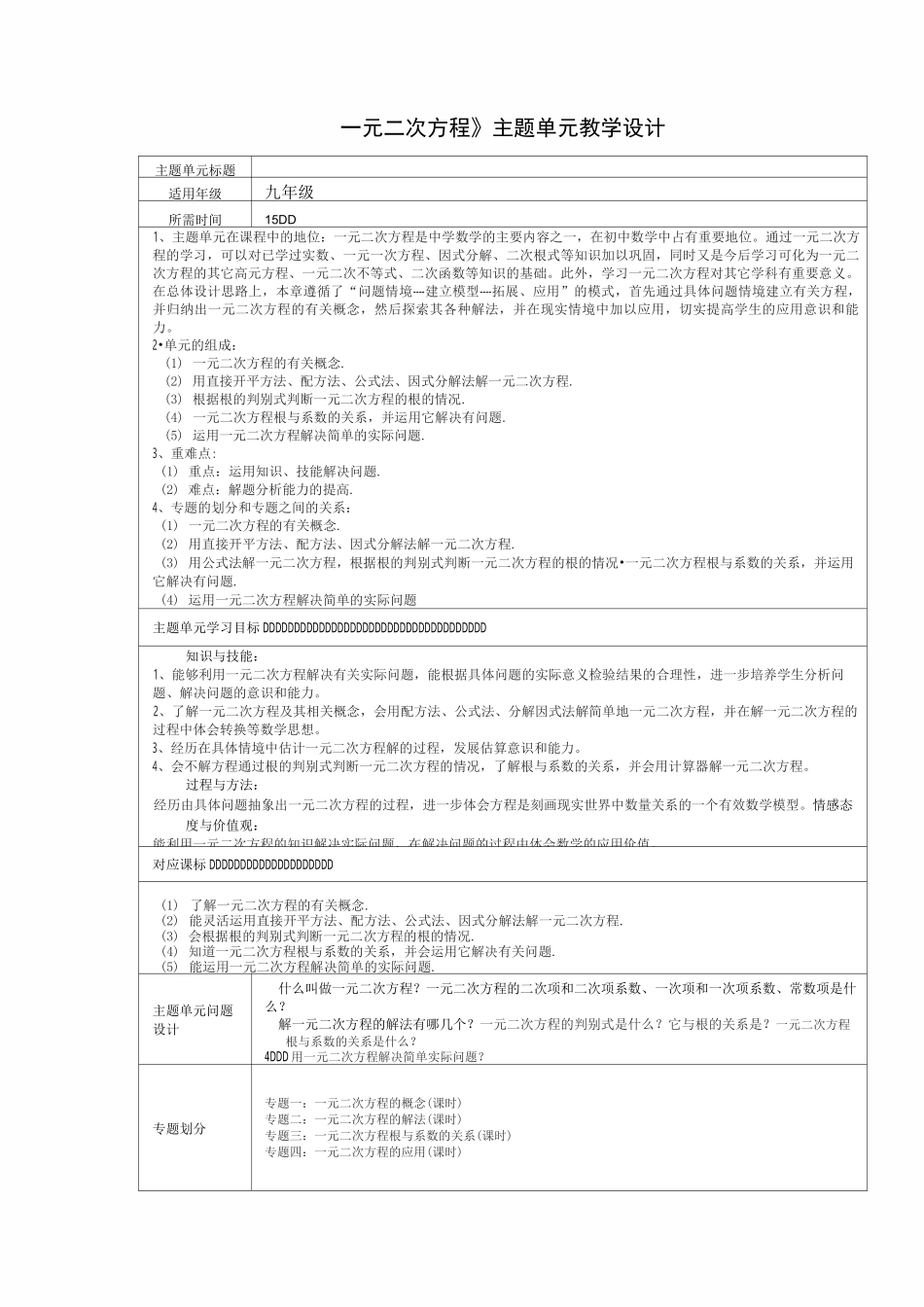 《一元二次方程》主体单元教学设计及规划思维导图_第1页