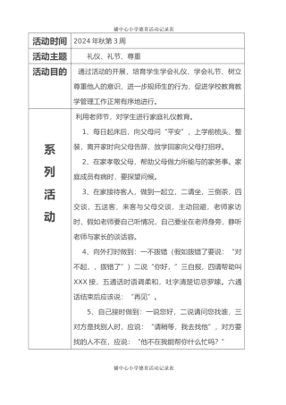 张铺中心小学德育活动记录表