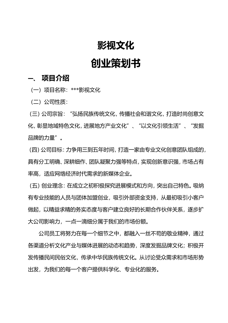 影视文化传媒有限公司创业项目策划书_第1页