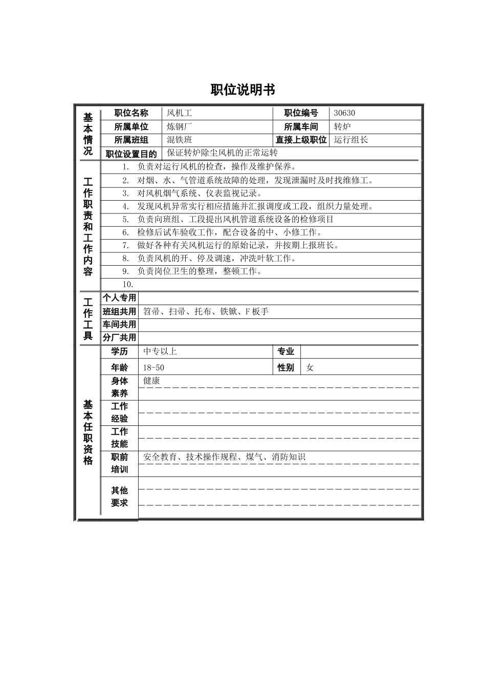 德龙钢铁-风机工职位说明书_第1页
