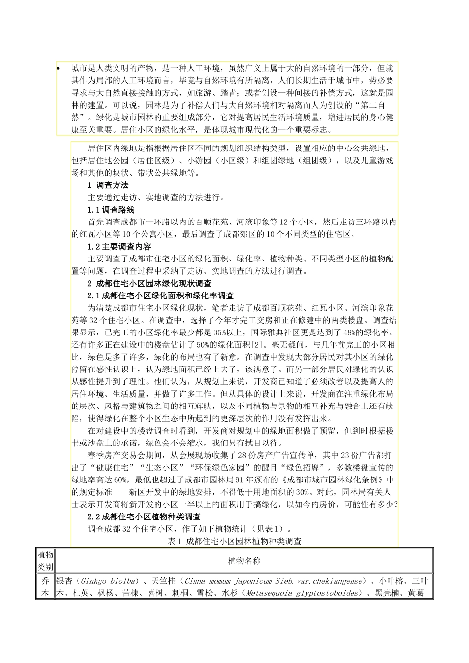 成都市住宅小区园林绿化现状调查_第1页