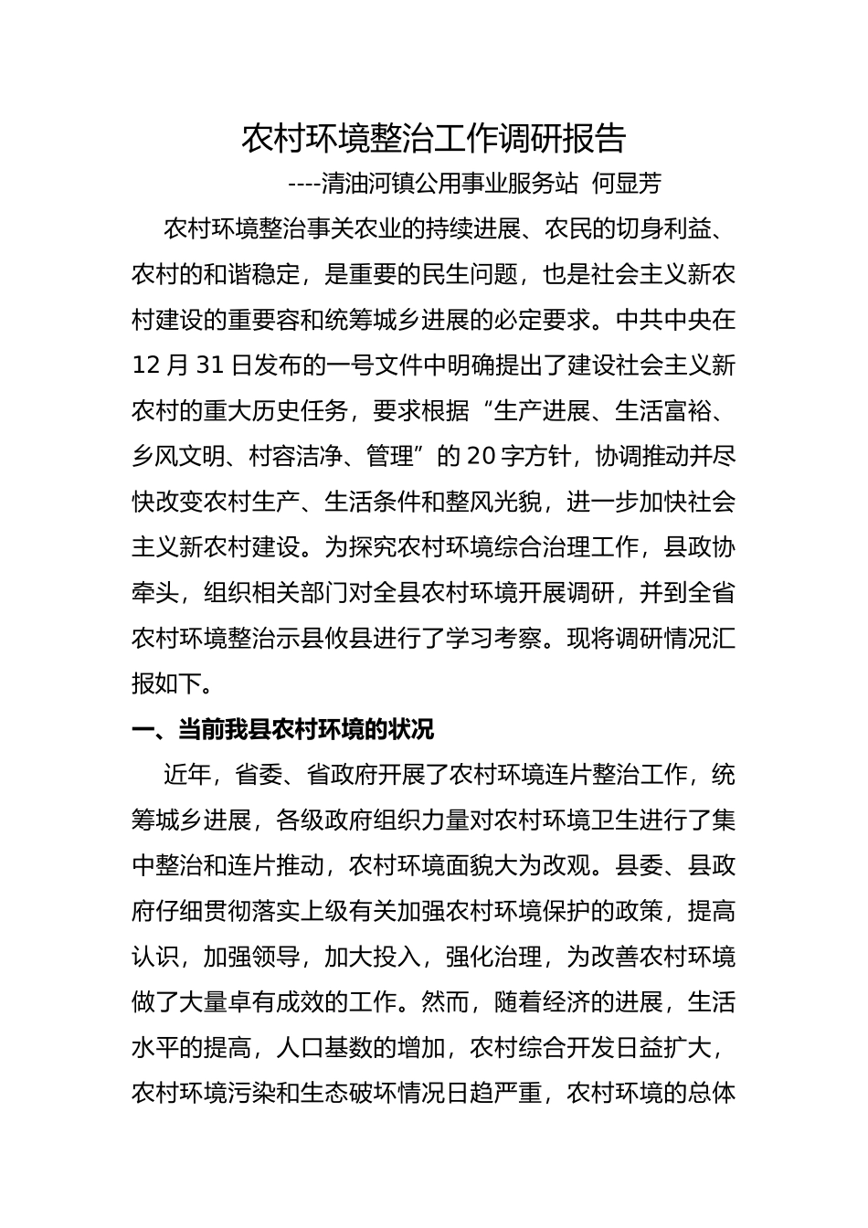 我国农村环境整治工作调研报告书_第1页
