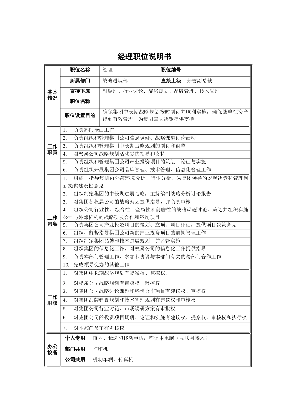 战略发展部经理职位说明书_第1页