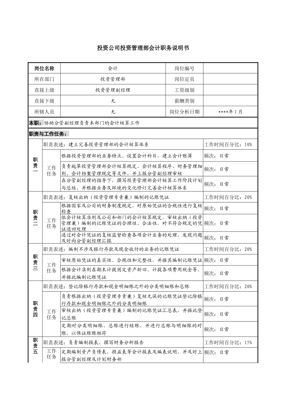 投资公司投资管理部会计职务说明书_第1页