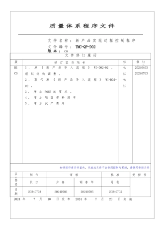 新产品实现过程控制程序概述