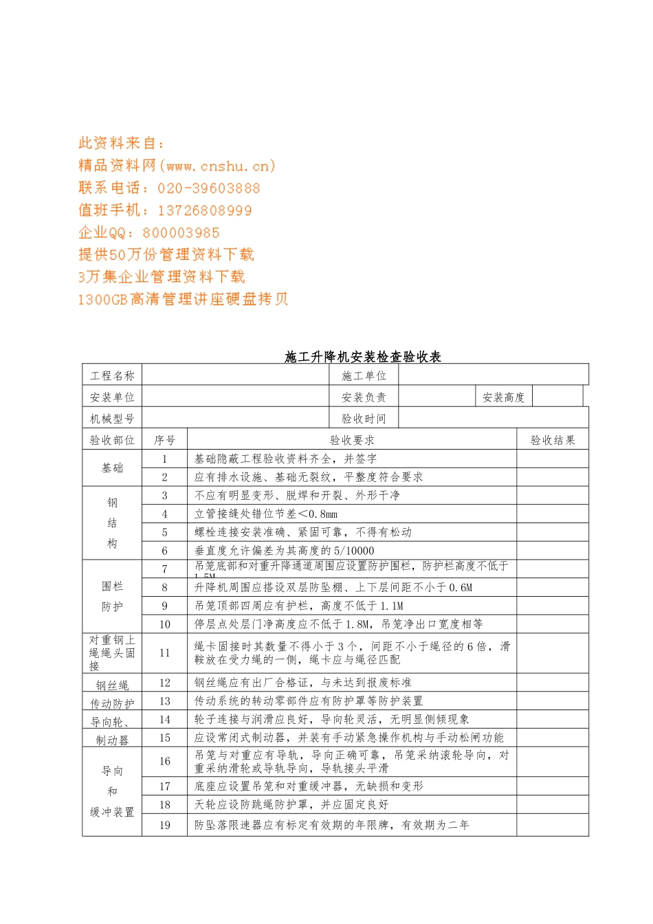 施工升降机安装检查验收表格模板_第1页