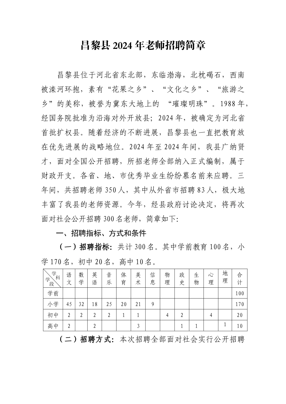 昌黎县XXXX年教师招聘简章_第1页