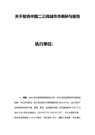有关耐克在中国二三线城市市场调研与报告