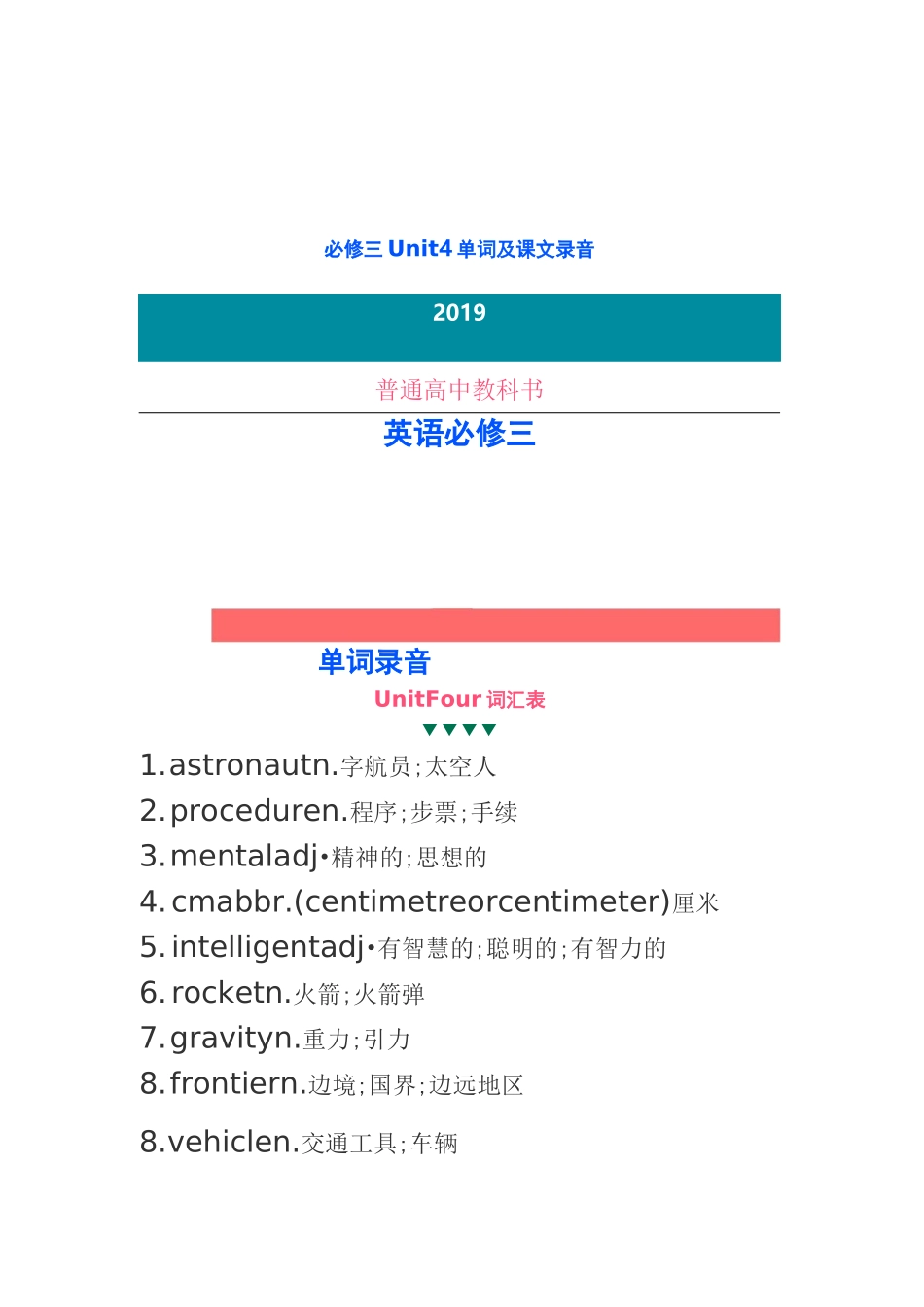 新人教版高中英语必修三Unit4单词及课文录音_第1页