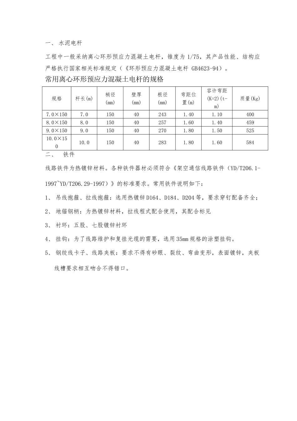 架空光缆线路工程用材料指标要求电杆、钢绞线、铁件_第1页