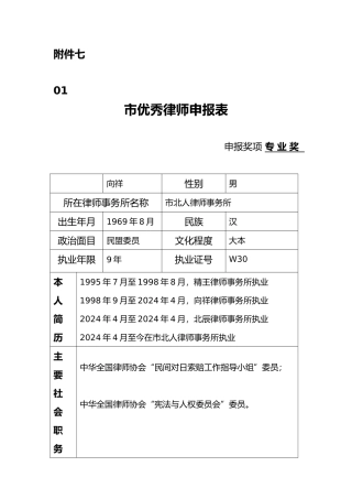 某市优秀律师申报表