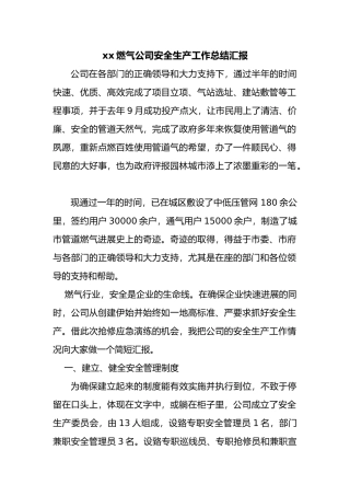 某燃气公司安全生产工作计划总结总结汇报