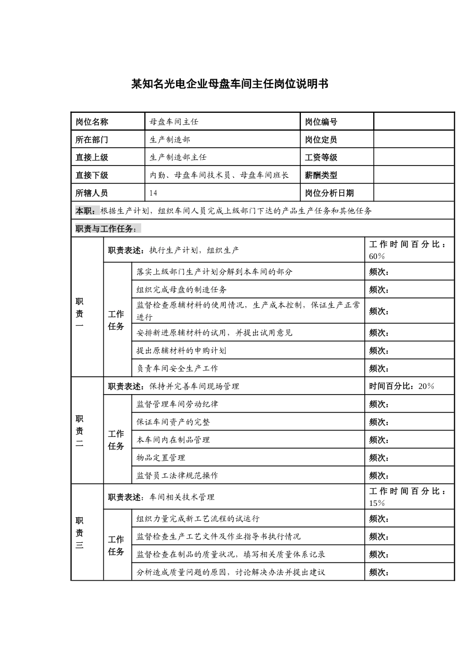 某知名光电企业母盘车间主任岗位说明书_第1页
