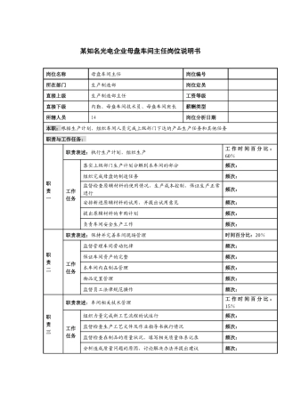 某知名光电企业母盘车间主任岗位说明书