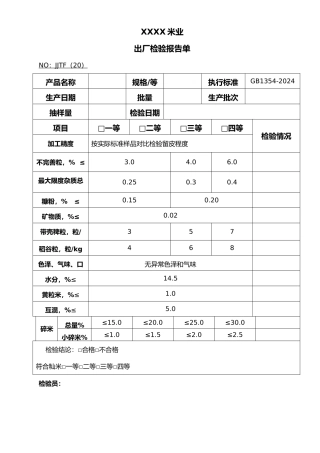 某米业出厂检验报告单