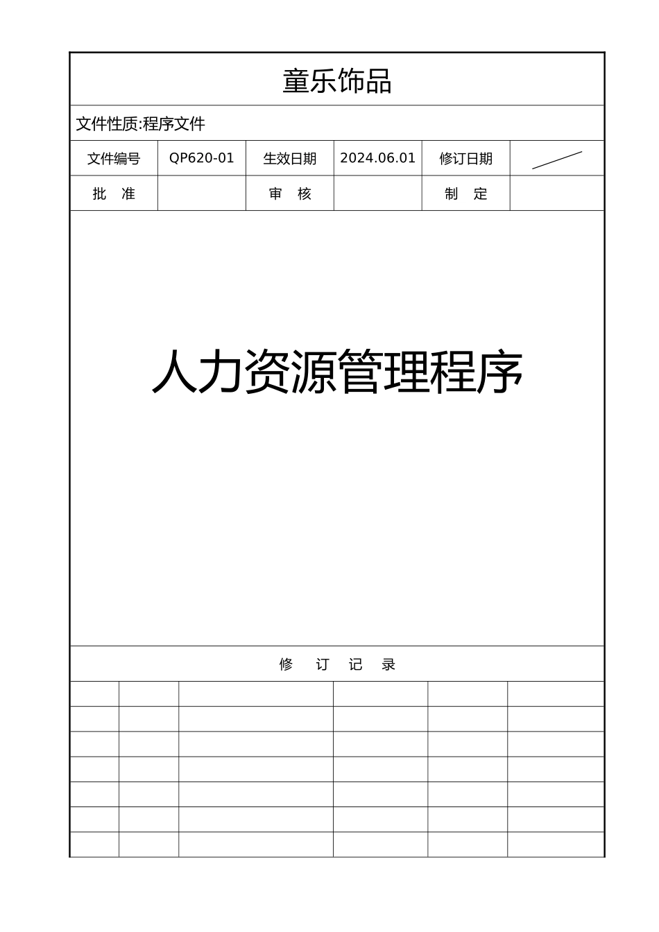 某饰品有限公司人力资源管理程序文件_第1页