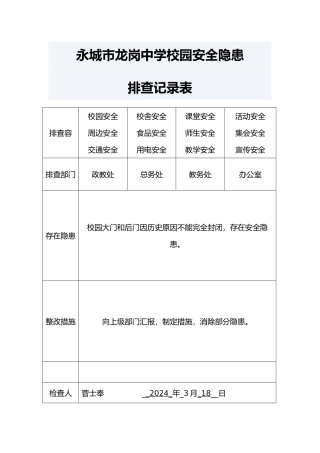 校园安全隐患排查记录文本表