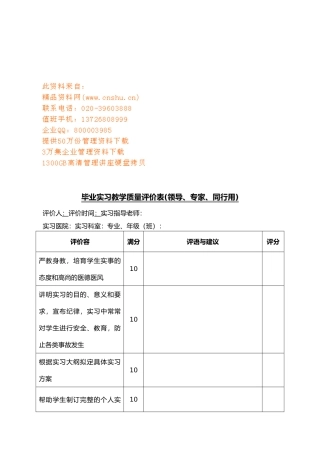 毕业实习教学质量评价表格模板