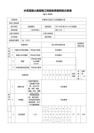 水泥混凝土面层施工检验批质量检验记录表