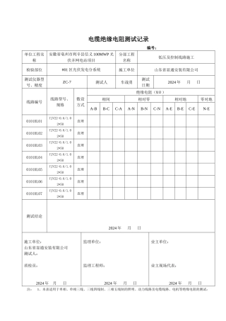 汇流箱至直流柜电缆绝缘电阻测试记录