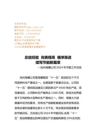 池州某公司年度节能工作计划总结